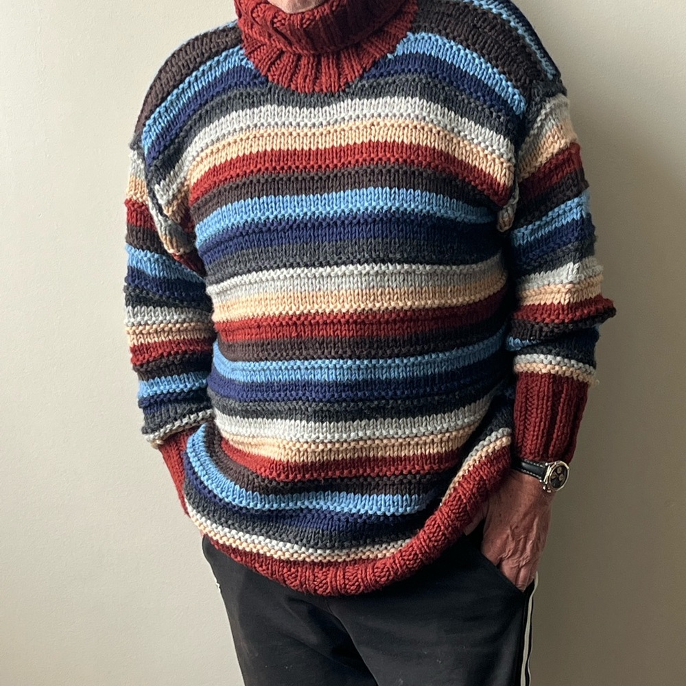 Dolce & Gabbana, Men’s XL, Super Chunky Knit Turtle Neck Striped Wool Turtleneck